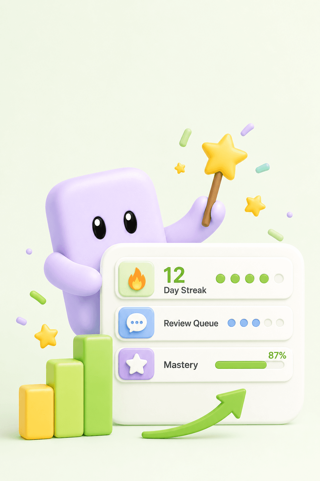 Kalabi progress workflow with streaks, review progress, and growth chart