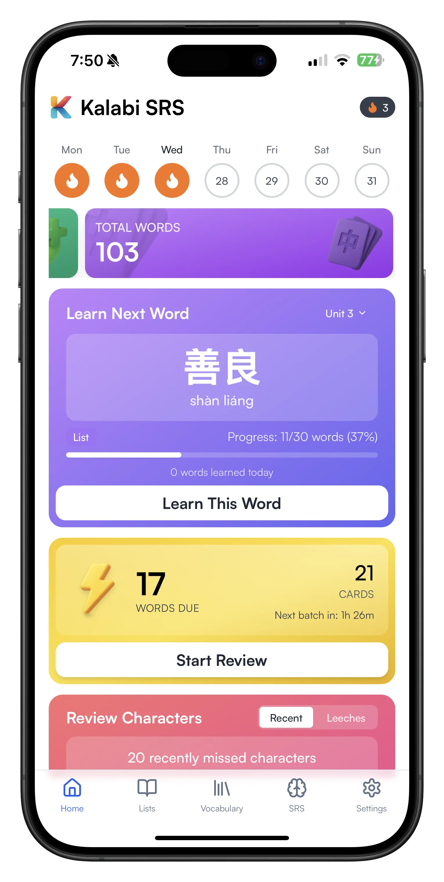 Kalabi iOS app showing vocabulary review
