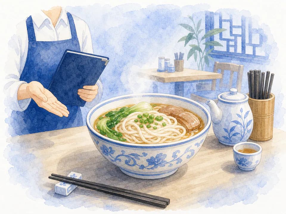 Bowl of noodles on a clean restaurant table in watercolor style