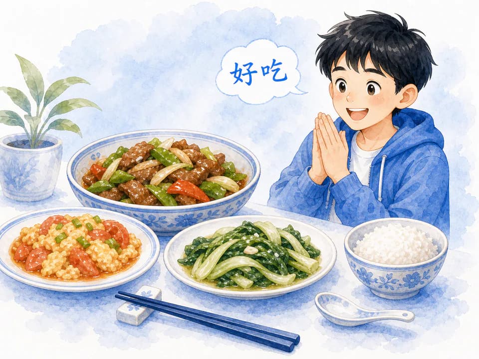 Chinese food dishes with chopsticks in a soft watercolor study scene