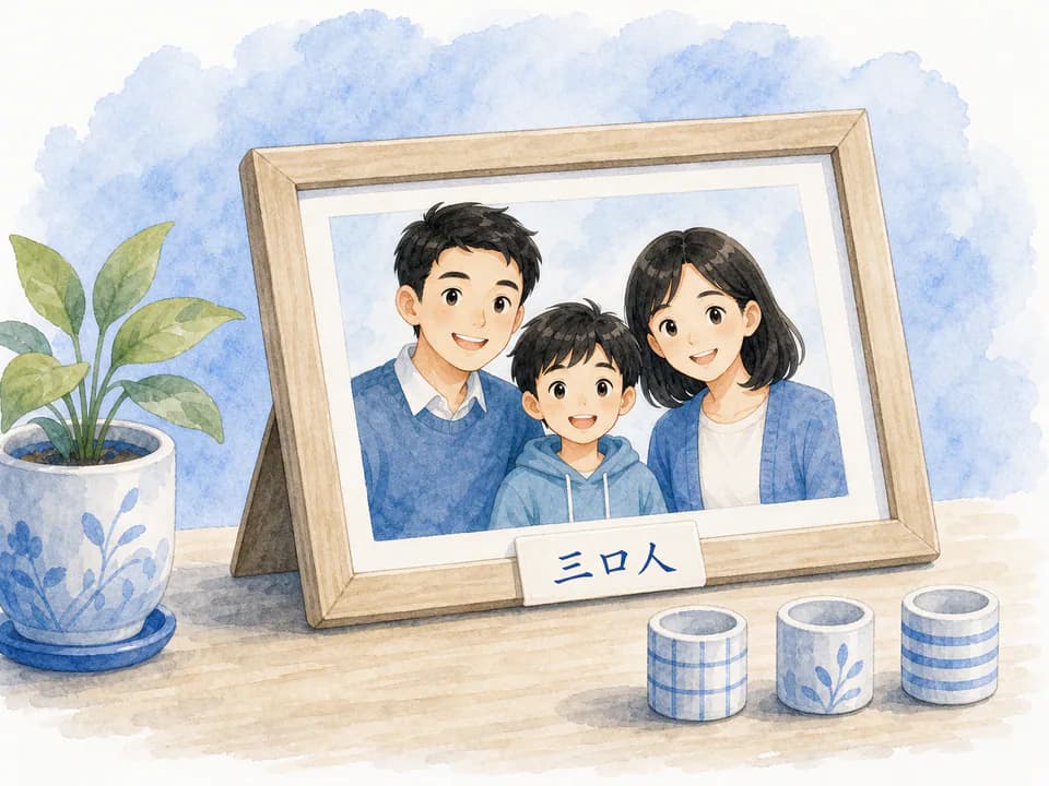 Family photo for counting three people in a watercolor home scene