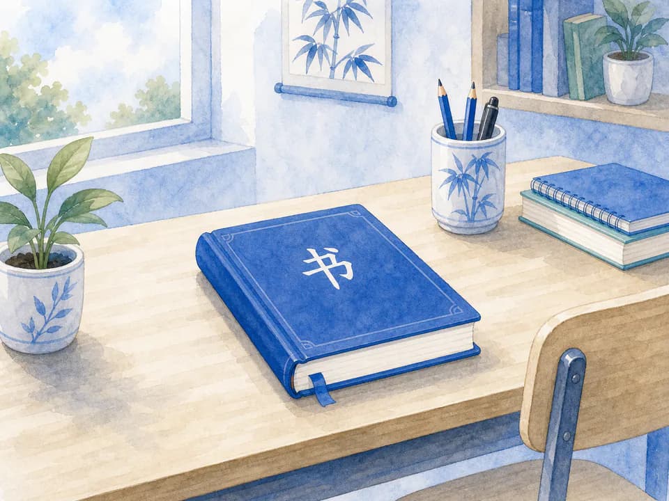 Book on a study table in a blue watercolor classroom scene