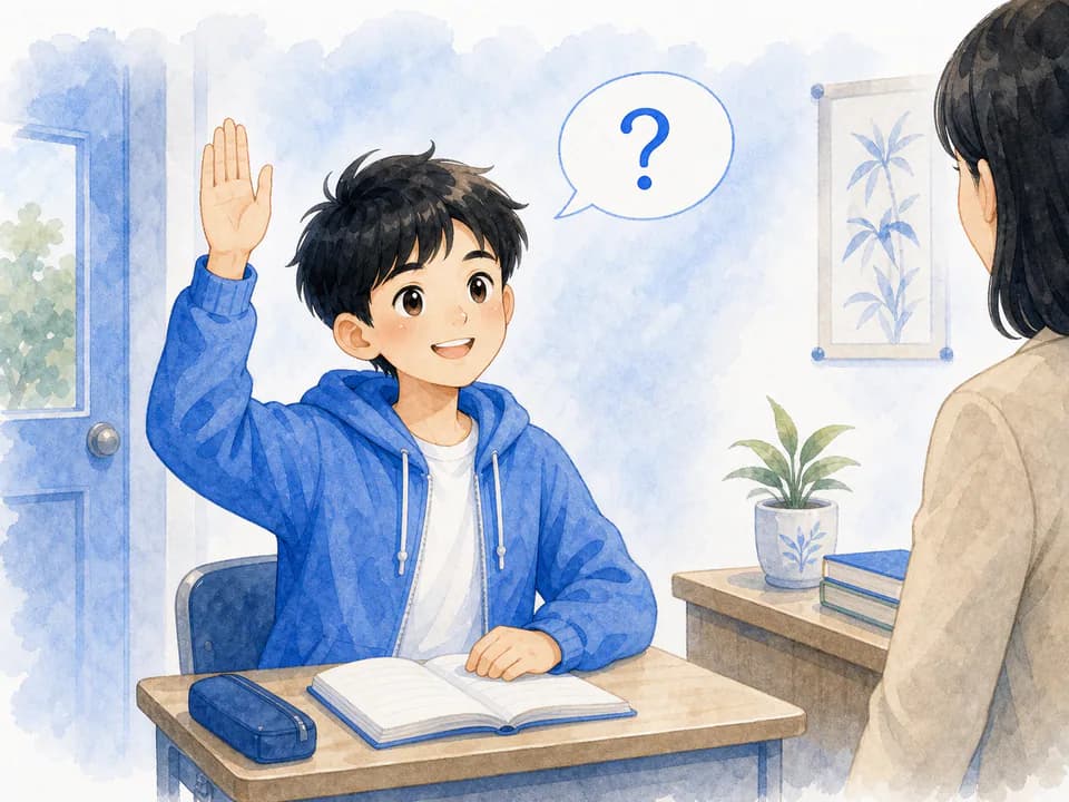 Student raising a hand to ask a question in a watercolor classroom scene