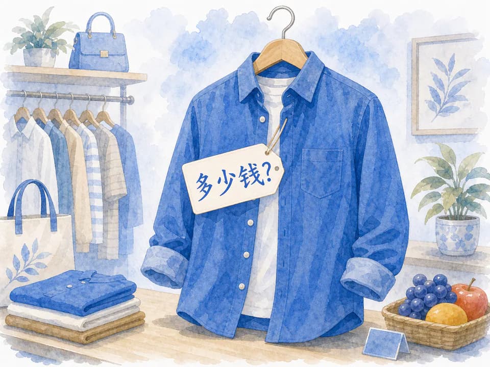 Blue clothing item with price tag in a watercolor shopping scene