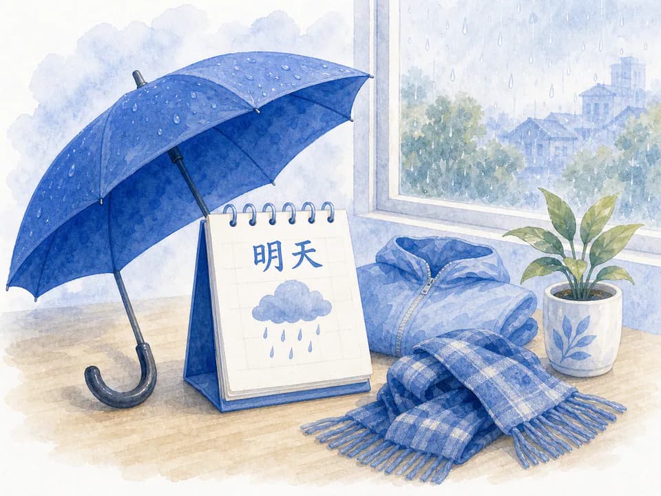 Blue umbrella and rainy weather study objects in watercolor style