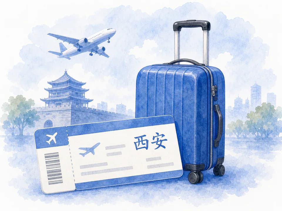 Travel ticket suitcase and Xi'an cue in a blue watercolor scene