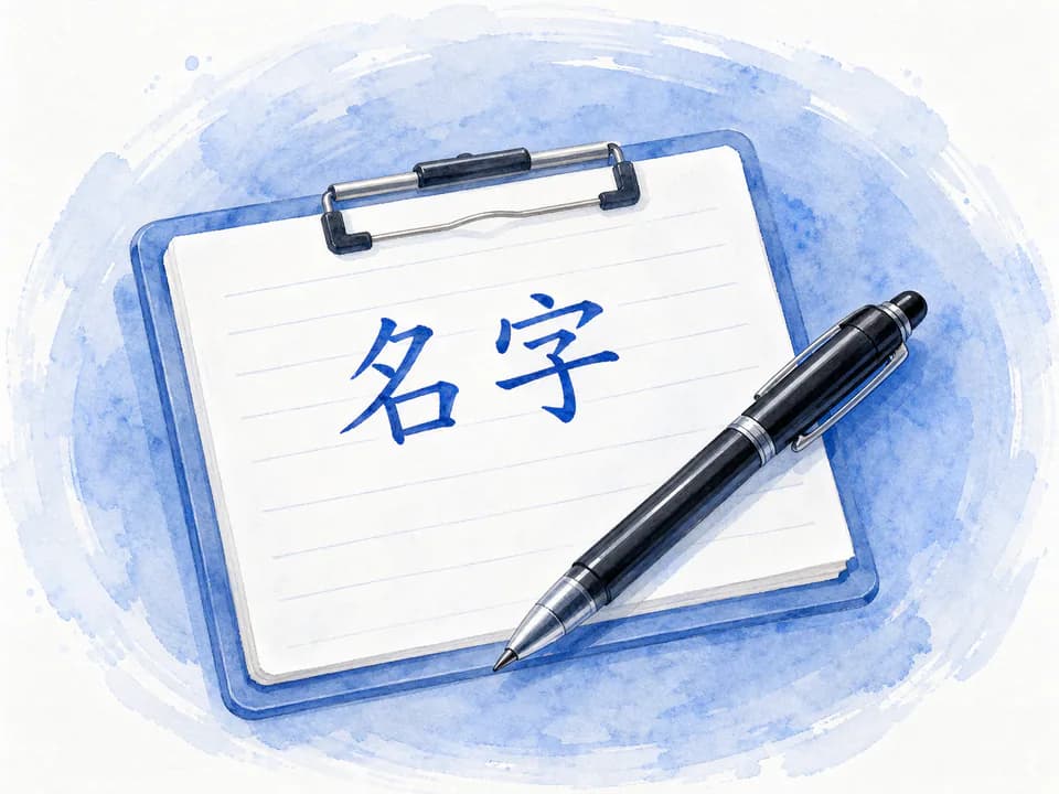 Notebook with the Chinese word for name and a pen on a blue watercolor desk