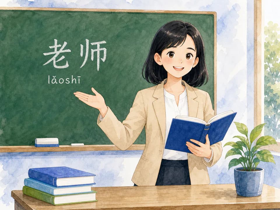 Teacher Wang smiling in front of a classroom chalkboard watercolor scene