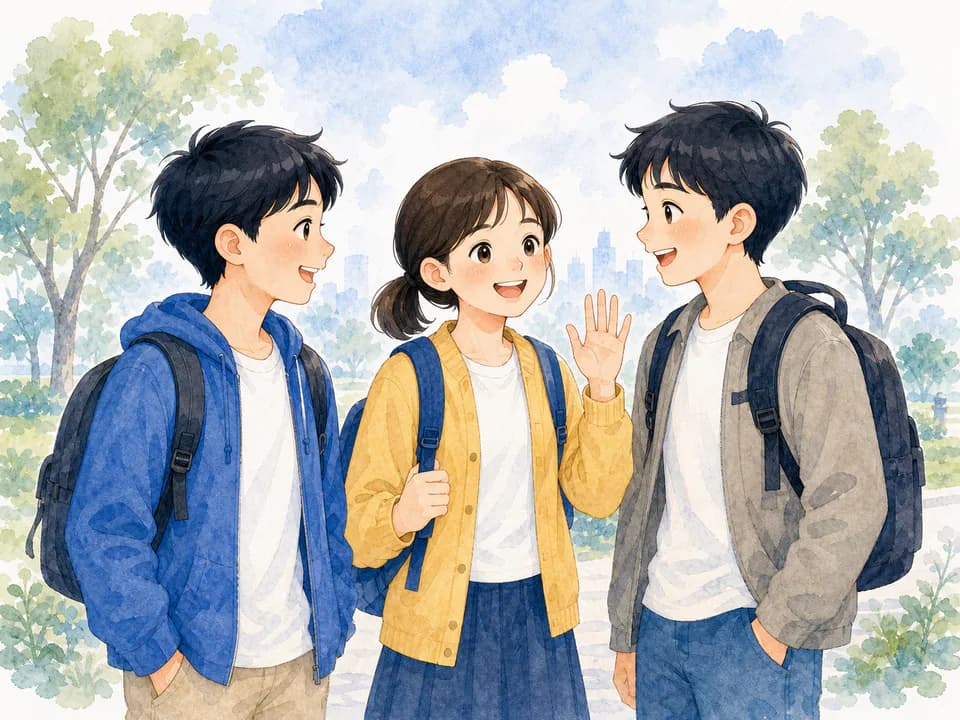 Three classmates talking together in a soft watercolor school scene
