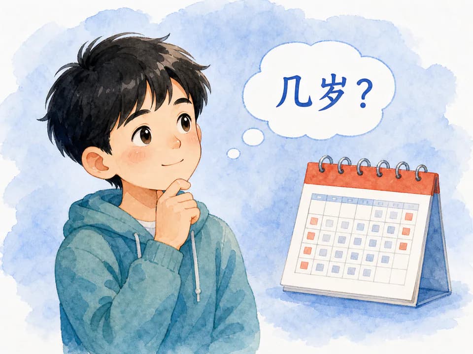 Student thinking about age with a calendar in a blue watercolor study scene