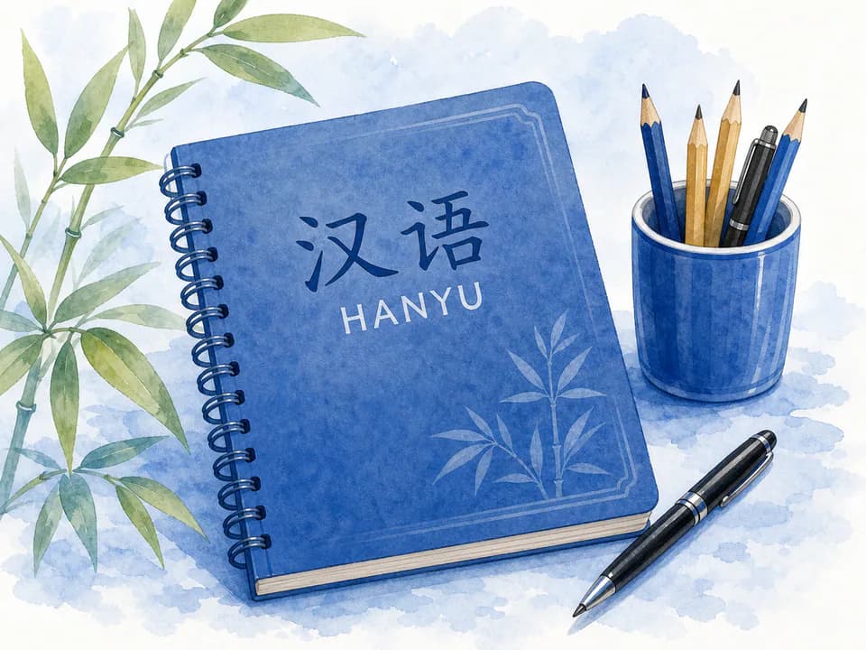 Blue Chinese study notebook with pencils and bamboo in watercolor style