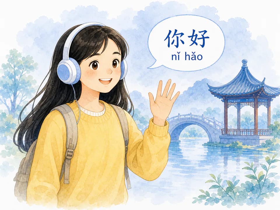 Student wearing headphones practicing a Chinese greeting in watercolor style