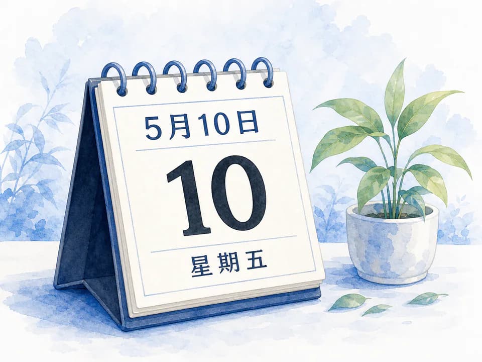 Desk calendar showing May 10 with a plant in soft watercolor style