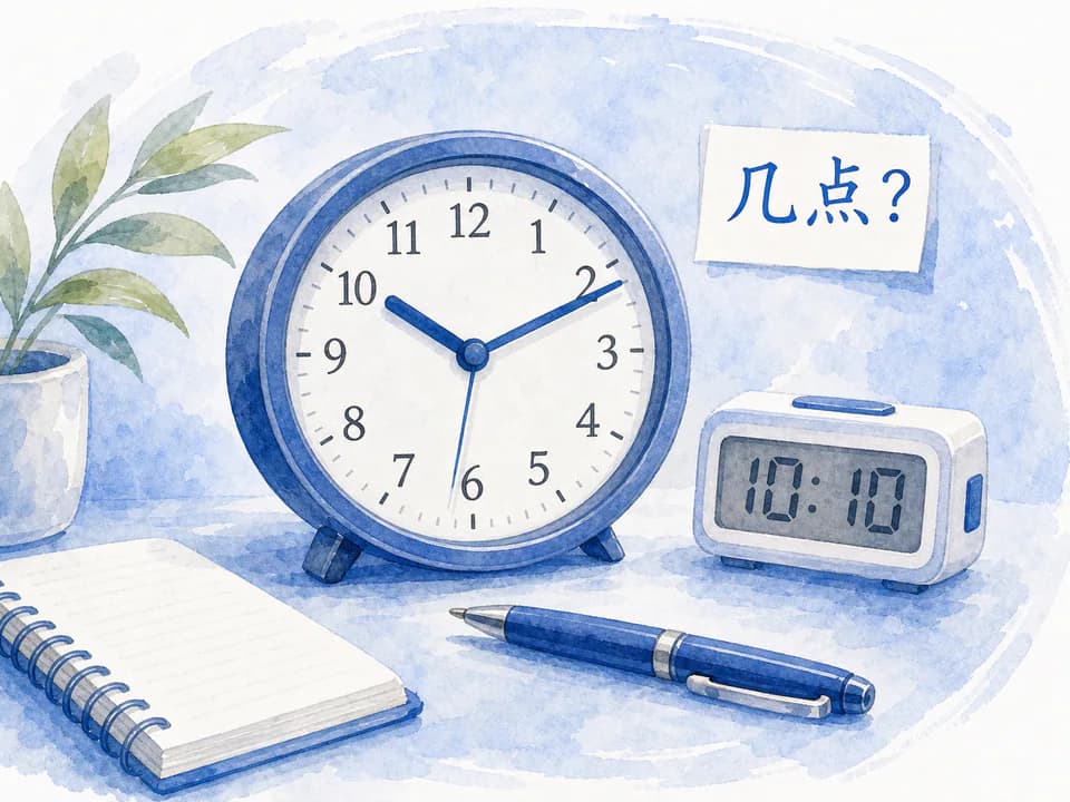 Clock time study scene with blue watercolor desk details