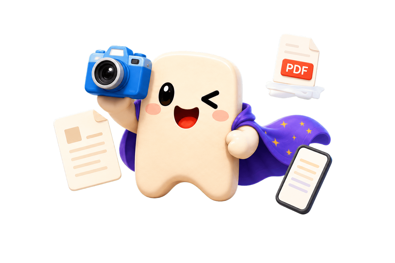 Kalabi holding a camera with an article, PDF, and phone nearby